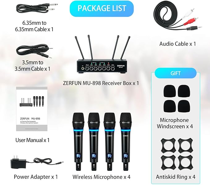 Pro Rechargeable Wireless Microphone System 4 Channel UHF Metal Handheld Wireless Microphones Cordless Mics with Echo Bluetooth VOL Channel Control for Karaoke Singing Church(MU-898)