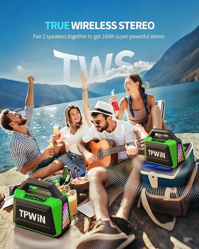 Bluetooth Speaker - 80W Loud Rugged Outdoor Speakers IPX6 Waterproof 20H Playtime Deep Bass Lightshow TWS BT 5.3 Wireless Portable for Travel Hiking Camping Beach Pool - Green