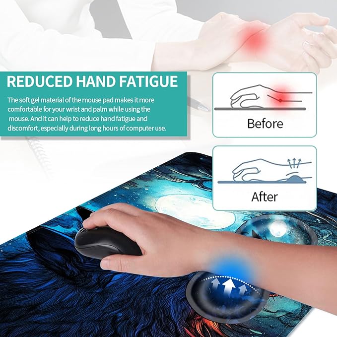 Keyboard Mouse Pad Set Extended Gaming Mouse Pad+Ergonomics Keyboard Wrist Rest Support Memory Foam Easy Typing Pain Relief 4Pcs XL Ultra Thick Desk MatBlue Moon Wolf Fantasy