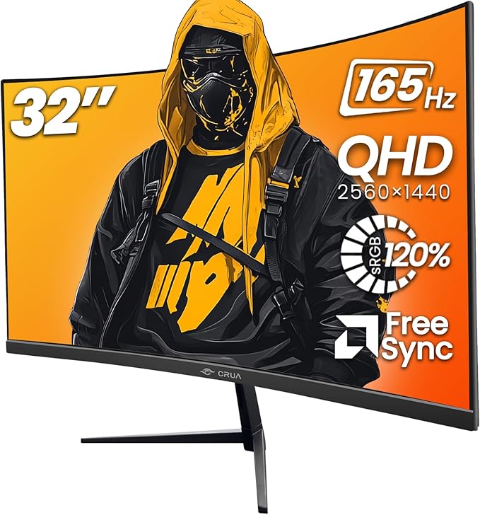 CRUA 32 Curved Gaming Monitor 2K QHD 2560x1440P 144Hz/165Hz Computer Monitors 120% sRGB FreeSync Low Blue Light 1800R VA Screen HDMI 1.4/DP 1.2 Wall Mountable - Black