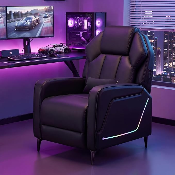TUNYI Gaming Recliner Chair Racing Style Push-Back Reclining Sofa with Colorful LED Ergonomic Home Theater Seating Video Game Sofa for Gaming Room Living Room (Black)