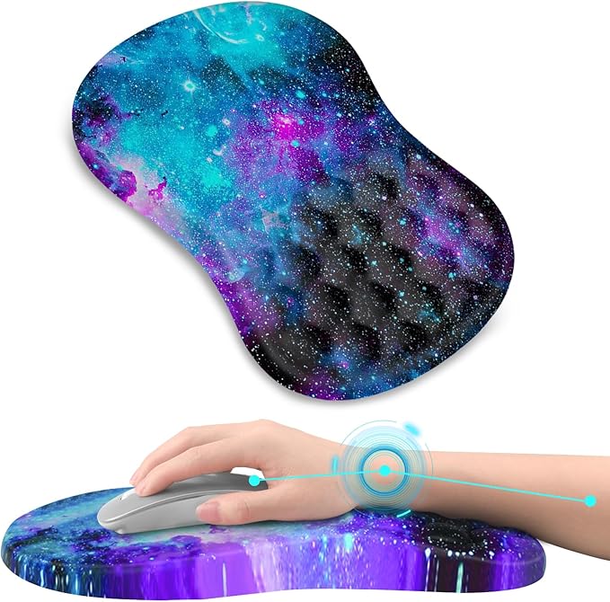 AIMSA Upgraded Wrist Rest Support Mouse Pad Ergonomic Mousepad Massage Memory Foam Design Pain Relief Comfortable Wrist Cushion Mat Non-Slip PU Base for Home Office Galaxy Nebula Universe