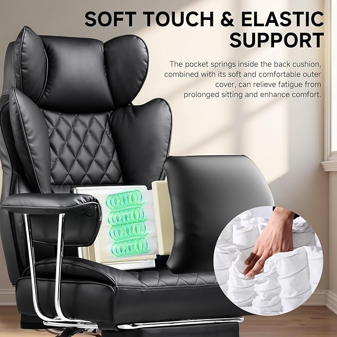 COMHOMA Big and Tall Office Chair High Back Leather Gaming Chair with Footrest Executive Ergonomic Office Chair with Pocket Spring Lumbar Support and with Outward Fixed Soft Armrests