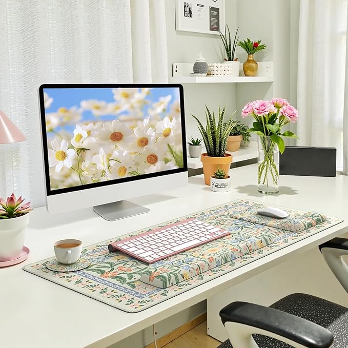 iLeadon Green Floral Desk Cover Mat Computer Mouse Pad and Keyboard Wrist Rest Non-Slip Base Keyboard Wrist Rest and Mouse Pad Set Office Desk Mat Cute for Women (Light Green)