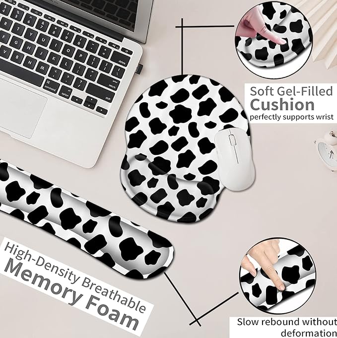 Wireless Mouse Pad with Wrist Support Ergonomic Gel Mouse Pad Keyboard Wrist Rest Soft Memory Foam Keyboard Wrist Pad for Office Typing Desk Pad Black and White Cow Pattern Animal Gaming Mousepad