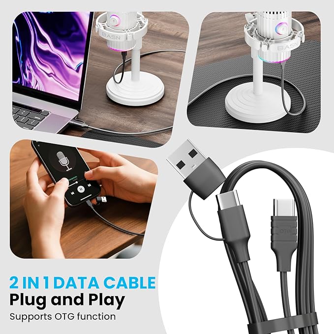 BASN USB/XLR Dynamic Microphone for Podcasting Live Streaming Gaming Recording with RGB Mute Button Headphone Monitoring and MIC Stand (White) SL2000