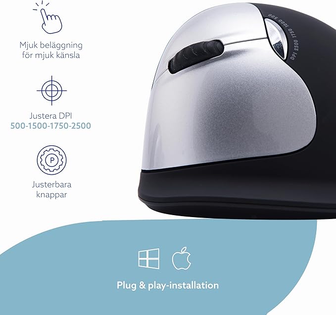 R-Go HE Vertical Ergonomic Mouse Wireless Large Left Hand 1750 DPI 5 Buttons Prevents Tennis Elbow/Mouse Arm RSI- Compatible Windows/Mac Black/Silver