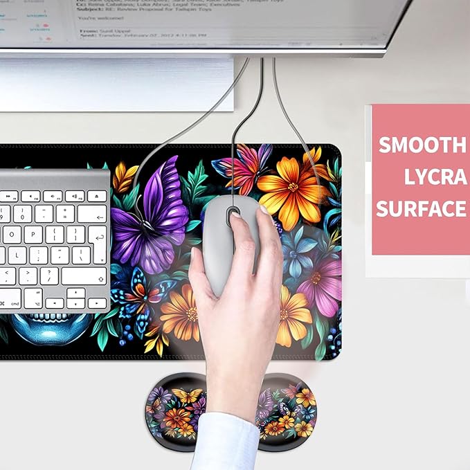 Mouse PadLarge Desk Mat Set 4in1 XL Mousepad + Keyboard Wrist Rest+Mouse Wrist Rest+Coaster with Ergonomic Desk Pad for Home Office Table Computer Cover -Skull with Flowers and Butterflies