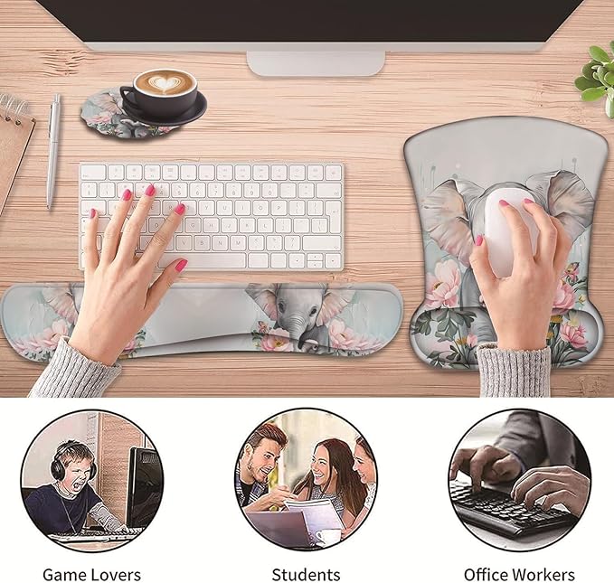 3 in 1 Keyboard Wrist Rest + Mouse Pad and Coaster Ergonomic Gel Mouse Pad and Keyboard Pad Set Comfortable Lightweight for Easy Typing Pain Relie Little Elephant Flower