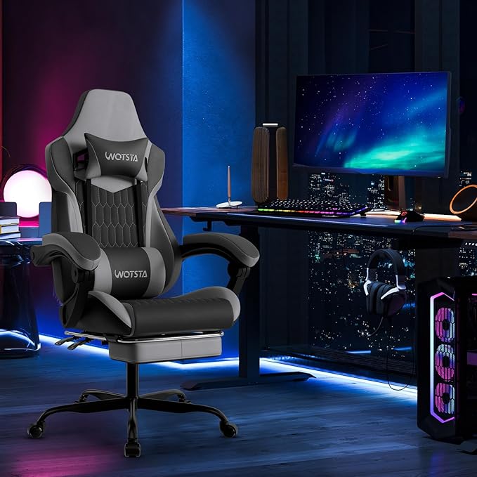 Gaming Chair with Footrest High Back Gaming Chairs PVC Leather Ergonomic Gamer Chair with Adjustable Headrest Lumbar Support Racing Style Video Gaming Chair for Office/Home (BlackGrey)