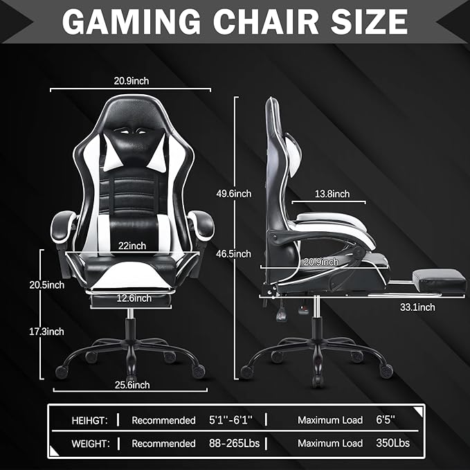 Gaming Chair Computer Chair with Footrest and Lumbar Support Ergonomic Video Game Chair with Headrest and 360°-Swivel Seat Height Adjustable Gamer Chair Office Desk Chair (White)