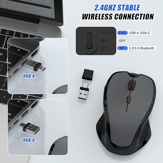 Bluetooth Wireless Laptop Mouse for MacBook Air Pro iPad Mac Ergonomic Rechargeable Mouse with Jiggler Mode 2 Mode Bluetooth &amp 2.4G USB-A/USB-C Receiver Silent Optical Computer Mice Grey