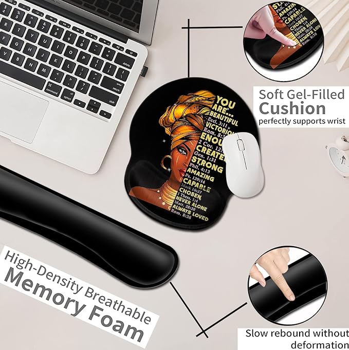 Black Mouse Pad with Stitched Edge Non-Slip Rubber Base Office Accessories Desk Decor for Computers Mouse Pad and Keyboard Wrist Guard SetAfrican American Wall Art Black Woman Queen Pattern