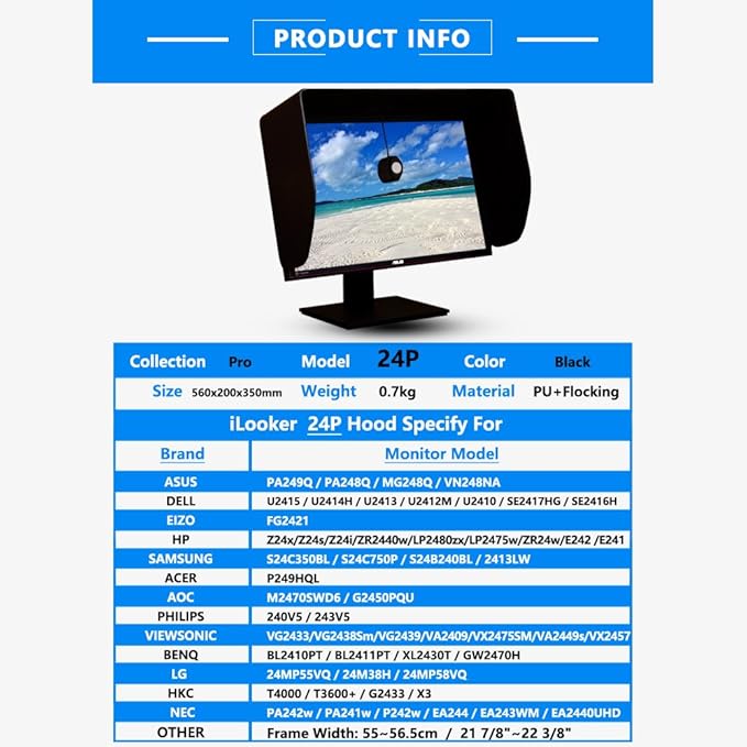 iLooker-24P 24 inch Pro Edition LCD LED Video Monitor Hood Sunshade Sunhood for Dell HP Viewsonic Philips Samsung LG EIZO NEC ASUS ACER BENQ AOC Lenovo Fits Monitor Frame Width 550-565mm