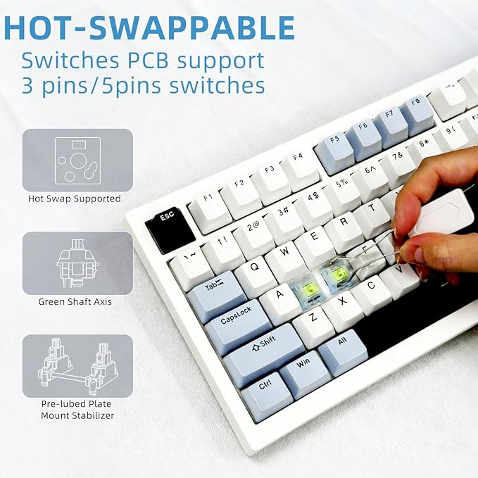 DstoPar Wireless Mechanical Keyboard75% Hot Swappable Gaming Keyboard With multifunction knobRGB BacklitGasket StructurePBT Keycaps Bluetooth5.0/Type-C/2.4GK81 mechanical keyboard (Bright White)
