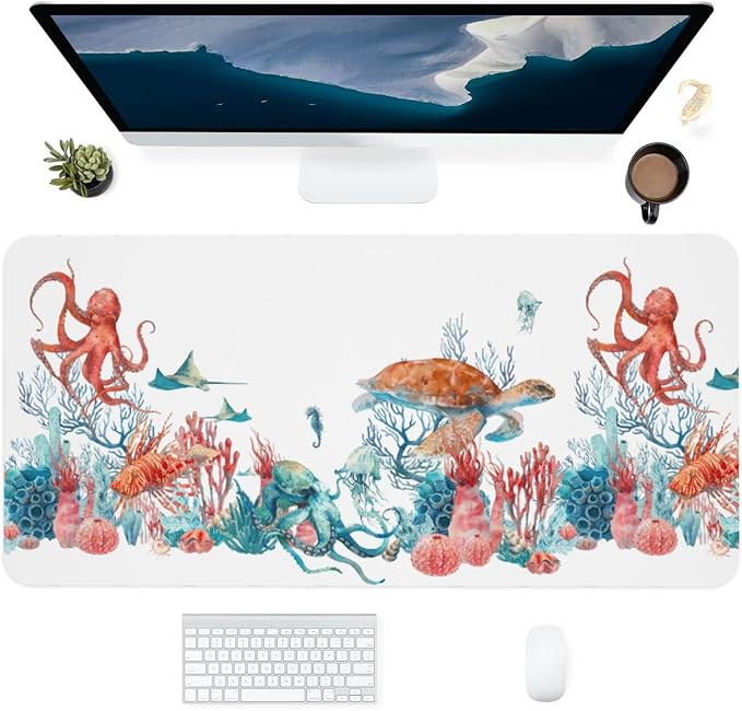 Sea Turtle Octopus Large Mouse Pad Gaming Mousepad with Wrist Support Rubber Computer Keyboard Mat for Desk Laptop Non-Slip Full Deskmat Protector Waterproof Writing Pad Office Home 16x35.5 in