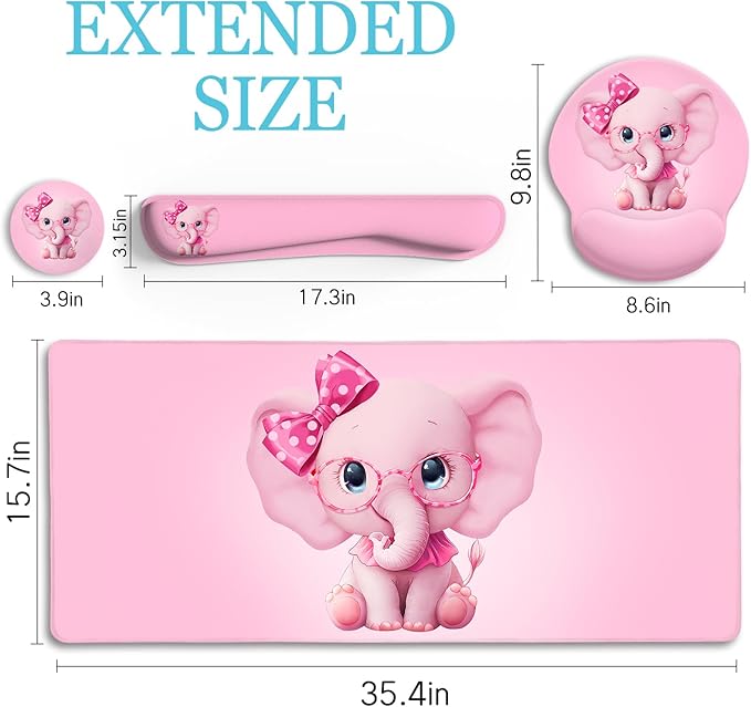Elephant Mouse Pad Desk Mat Set Kawaii Gaming Ergonomic Mouse Pad with Wrist Support Wrist Rest for Computer Keyboard Cup Coaster Cute Pink Elephant Office Supplies Desk Decor Accessories