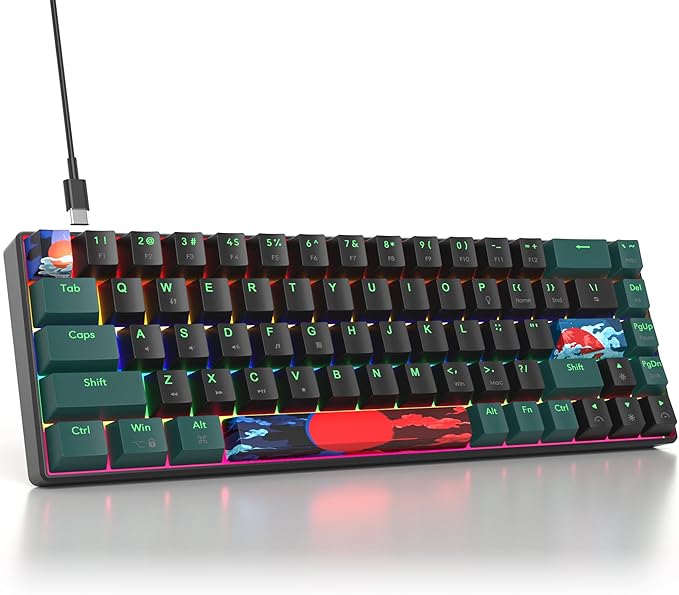 surmen 65% Mechanical Gaming Keyboard with Linear Red Switch Wired Mini Compact Keyboard 60 Percent Backlit for Laptop Desktop PC Gamers（68 Sound Wave B-Rainbow）