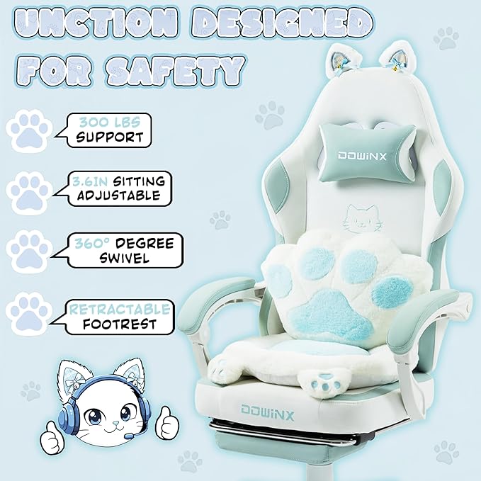 Dowinx Gaming Chair with Cat Ears and Paw Lumbar Pillow Ergonomic Reclining Chair Memory Foam and Spring Cushion Footrest 300lbs Capacity Cute and Comfortable Design for Women &amp Girls