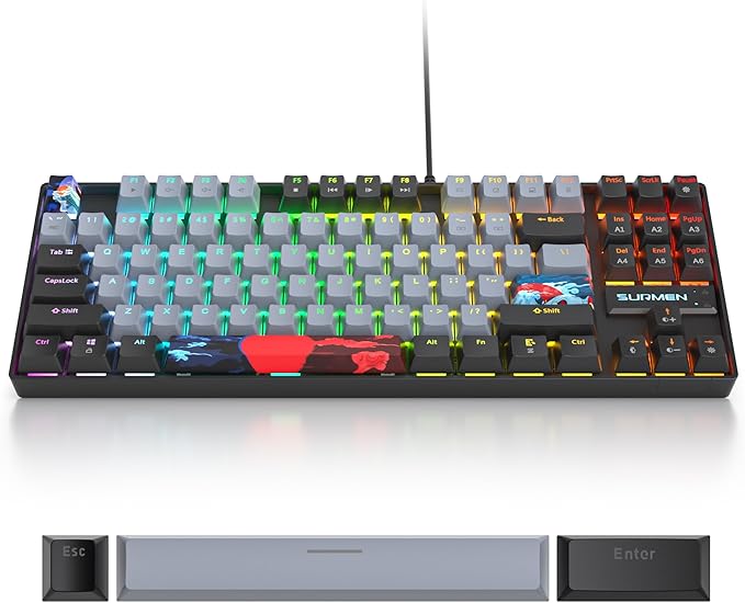 75% Mechanical Gaming Keyboard with Red Switch RGB LED Backlit Keyboard Grey 87 Keys Compact TKL Wired Computer Keyboard for Windows Laptop PC Gamer (87 Dolch)