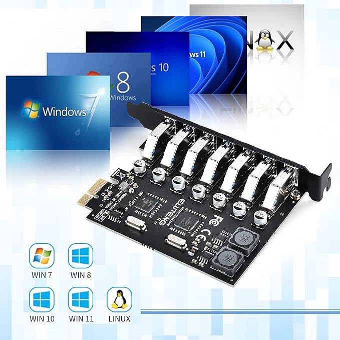 ELUTENG PCIE USB 3.0 Card 7 Ports PCI Expree to USB Expansion Card Super Speed 5Gbps PCI-e USB3 Hub Controller Adapter for Windows 11/10/8/7/XP/Vista