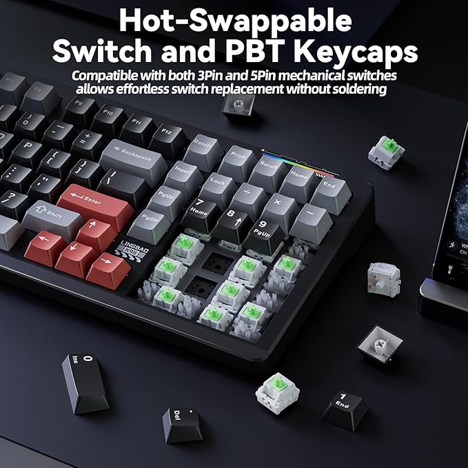 LINGBAO K98 Wireless Mechanical Gaming Keyboard Tri-Mode BT5.0/2.4GHz/USB-C Gasket Custom Hot-Swappable Linear Switches Creamy Keyboard with Number Pad RGB Backlit Gaming Keyboard for PC Laptop
