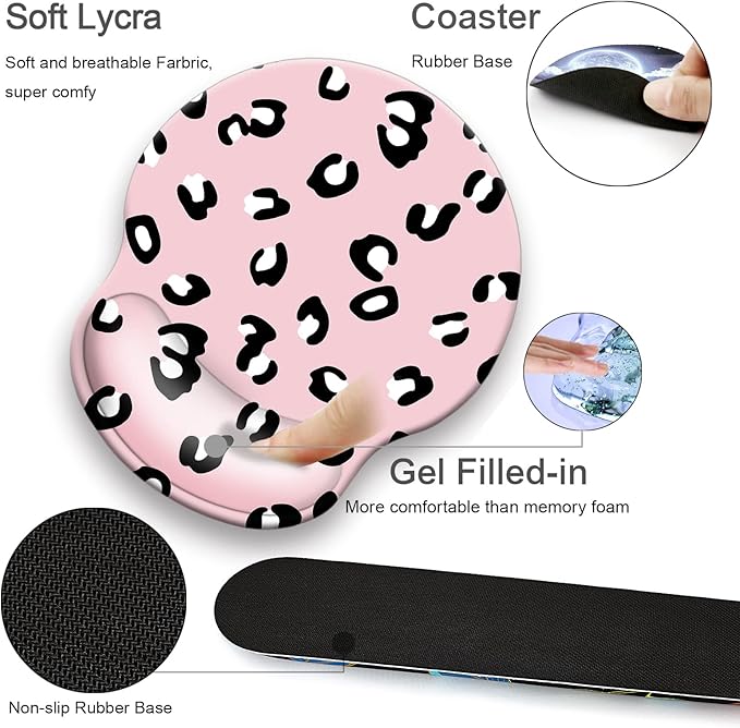 Mouse Pad + Desk Mat + Keyboard Wrist Rest + Coaster 4 in 1 Set Cute Ergonomic Large Gaming Mousepad with Wrist Rest Support Desk Pad for Computer Laptop Office Home Decor-Pink Leopards