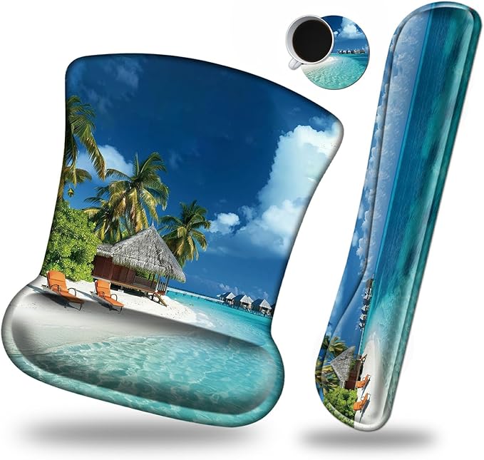 Keyboard Wrist Rest and Mouse Wrist Rest Pad Set Made of Memory Foam with Non Slip Rubber Base Ergonomic Gel Wrist Rest for Computer Keyboard Gaming Office Working with Beach Sand Coaster