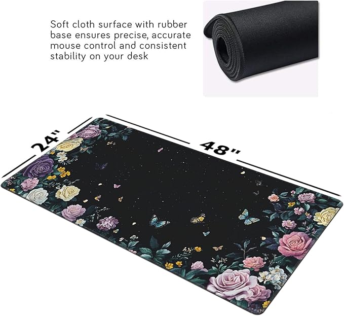 Gaming &amp Office Mouse Pad - 48x 24 Extended 3XL Desk Mat with Stitched Edges Non-Slip Rubber Base Giant Computer Mousepad for Laptop Keyboard PC - Flower Pattern Desk Protector