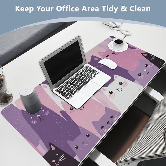 Mouse Pad Desk Mat Leather Desk Pad Large Gaming Desk Cover Protector Mat for Keyboard Computer Laptop Office Waterproof 47.2 x 23.6 Inch Pink and Purple Cats