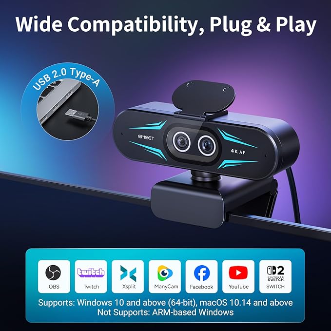 EMEET C60E Dual-Camera 4K Webcam for Streaming Wide-Angle and Telephoto Cameras Max 11X Hybrid Zoom &amp PDAF Autofocus Remote Control RGB Lighting 2 Mics Ideal for Livestreaming and Online Mee