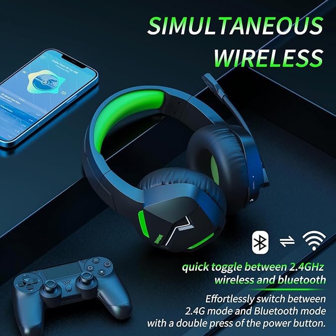BINNUNE 2.4GHz Wireless Gaming Headset Bluetooth 5.3 Gaming Headphones with Noise Canceling Mic 120H Ultra-Long Battery 50mm Drivers Multi-Platform for PC / PS5 /PS4/ Switch/Mobile Green