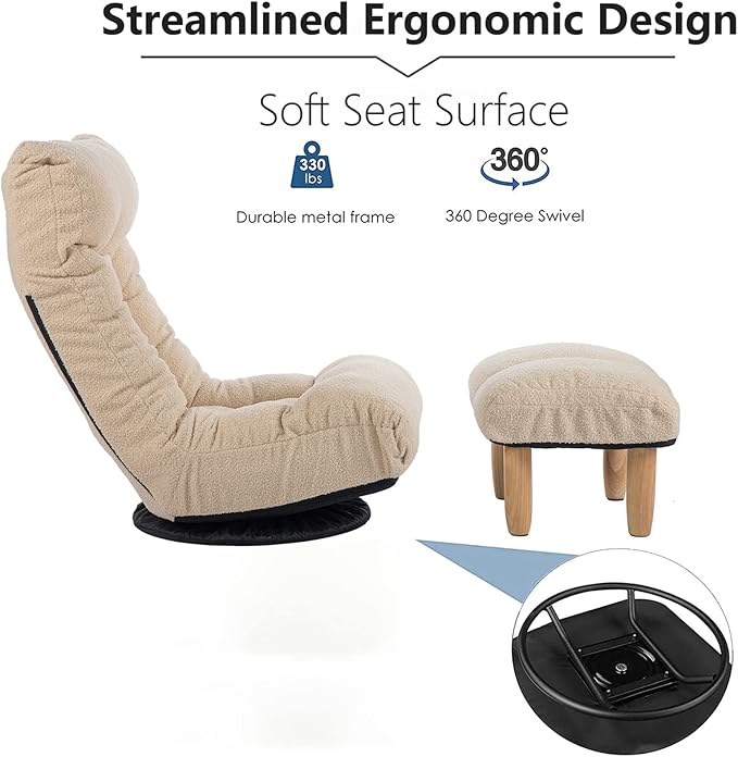 360-degree Swivel Gaming Chair Folding Floor Chair with Adjustable Backrest Cushion Padded Indoor Chaise Lounge with Stool Lazy Sofa Couch Rocker Gaming Chair for Teens and Adults