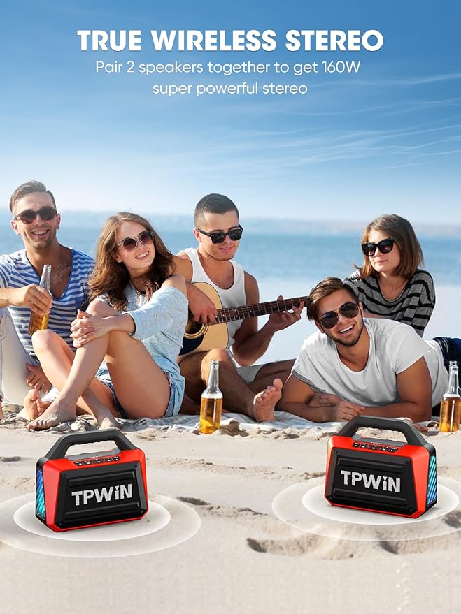 Portable Bluetooth Speakers - Wireless Speaker 80W Peak Loud Speaker with Light Strong Bass BT 5.3 TWS IPX6 Waterproof 20H Playtime for Home Party Outdoor Beach Camping - Red