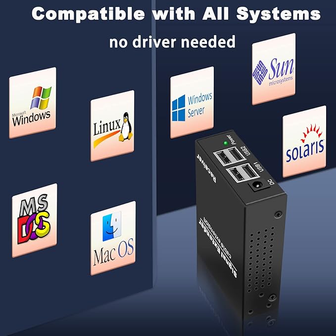 USB Over IP Extender Up to 492FT(150m) 4-Port USB Hub Over Ethernet Cat6/Cat5a/Cat7 Plug &amp Play No Driver via Gigabit LAN