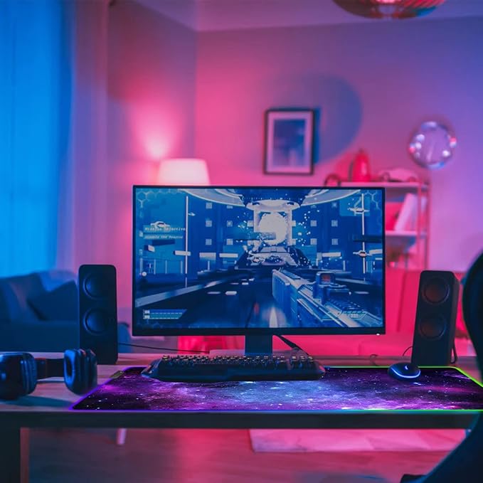 DINKY RGB Gaming Mouse Pad Large Extended Soft Led Mouse Pad with 14 Lighting Modes Water Resist Keyboard Pad Computer Keyboard Mousepads Mat 31.4×11.8 inches- Purple Nebula