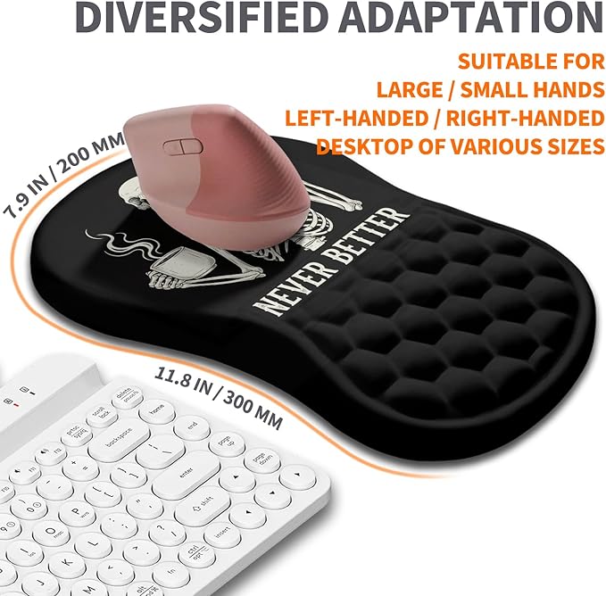 Ergonomic Joint Wrist Support Mouse Pad with Memory Foam Cushion Massage Bump Carpal Tunnel Pain Relief Mousepad Slope Design for Wrist Rest 11.8x7.9 in Funny Skeleton