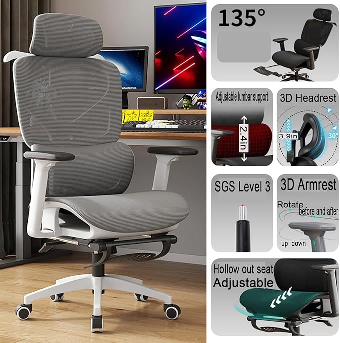 Ergonomic Chair Mesh Office Seat 330lbs Capacity High Back Desk Chair with Flip-Up Arms 135° Recline Adjustable Lumbar Support Wheels for Home Office Gaming Study (White Grey)
