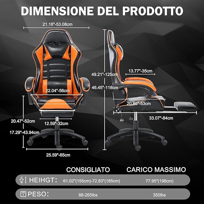 Gaming Chair - Premium Gaming Chairs for Adults Adjustable Video Game Chairs Comfy Gamer Chairs for Adults Uniquely Designed VTech Gaming Office Silla Gamer (Black+Orange)