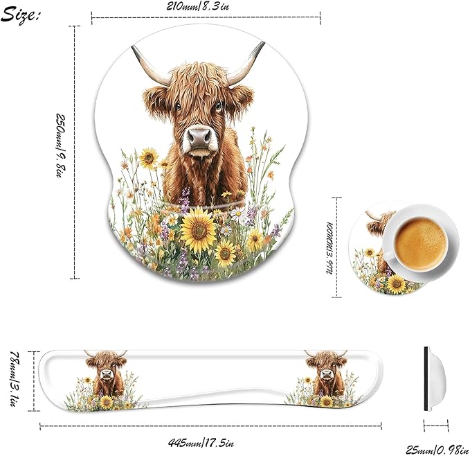Bxgolkgd Ergonomic Gel Mouse Wrist Rest Pad and Keyboard Pad SetAnti-Slip PU Bottom Easy Typing and Relieve Wrist Pain with Cute Coaster Set (3-Flower Highland Cow)