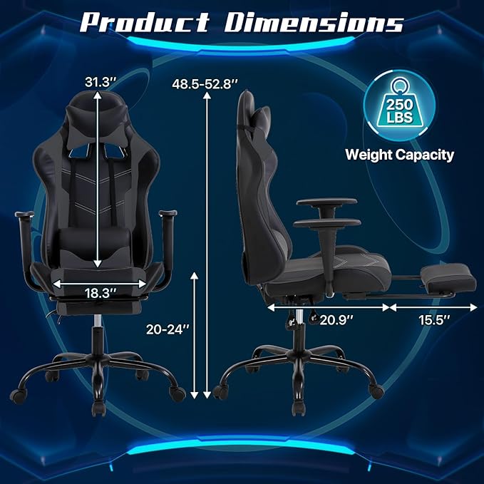 Ergonomic Gaming Chair with Footrest High Back PU Leather Office Desk Chair for Adults Teens Rolling Swivel Computer Chair (Grey)