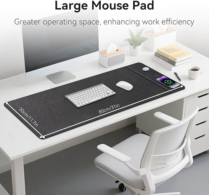 Wireless Charging Mouse Pad 31.5x11.7 XXL Large Office Desk Pad with Ultra-Smooth SurfaceNon-Slip Base Classic Black Waterproof Computer Desk Mat for MacBook PC Laptop Christmas