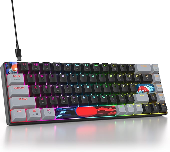 65% Mechanical Keyboard 68-Key Wired Gaming Keyboard with Red Switch RGB Lighting Effect PBT Keycaps Ultra-Compact Mini Keyboard Suitable for Win/Mac(68 Dark)