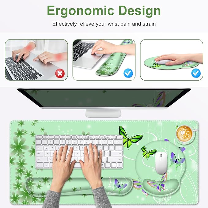 Mint Green Butterflies Florals Mouse Pad XXL Large Desk Mat Extended Reading Desk pad 4PCS Non-Slip Rubber Base Computer Big Mousepads for Work Game Office Home Decor Cute Girls Woemn Gifts