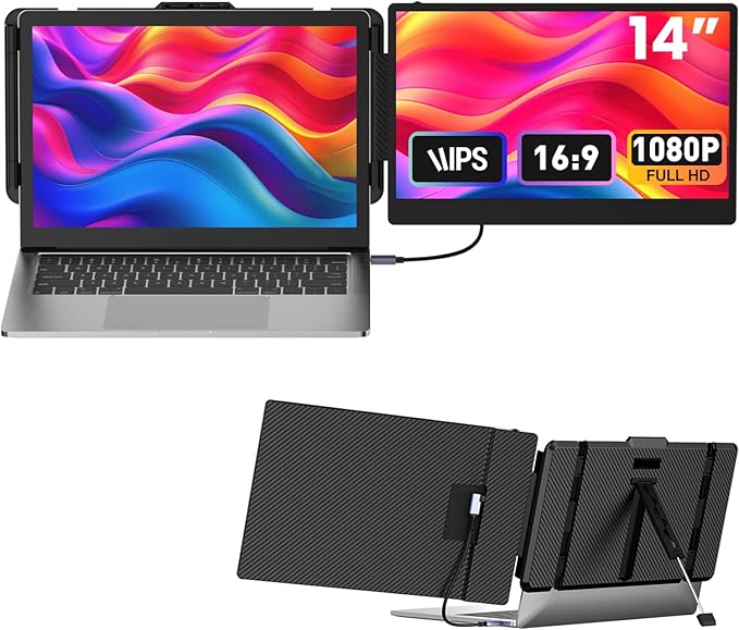 Laptop Screen Extender 14-inch 1080P FHD Portable Monitor Type-C/HDMI/USB-A Plug &amp Play Laptop Monitor Extender fits Laptops with Screen up to 15.35 Wide Compatible with Windows Mac Chrome