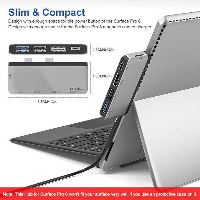 Docking Station for Surface Pro 8 with 4K HDMI USB-C Thunerbolt 4 (Display+Data+PD Charging) USB 3.0 USB 2.0 TF Card Slot Triple Display (Pro 8+HDMI+USB C) USB Hub for Pro8