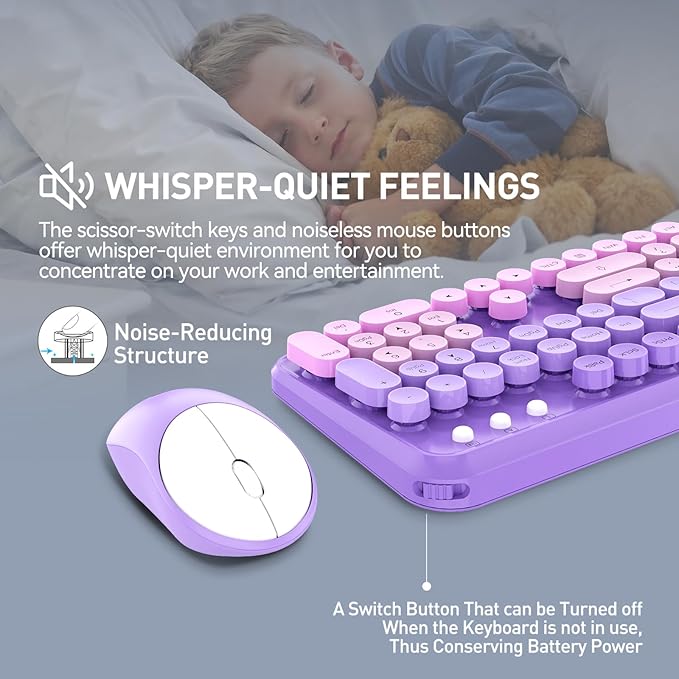 Wireless Keyboard and Mouse Combo 2.4 GHz Wireless Full-Sized Typewriter Keyboard with Round Keycaps for Windows Computer Desktop PC Laptop (Purple)