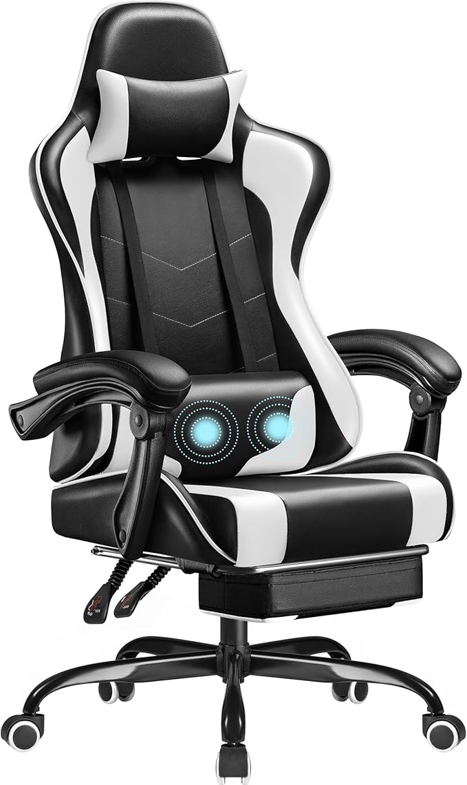 Homall Gaming Chair Video Game Chair with Footrest and Massage Lumbar Support Ergonomic Computer Chair Height Adjustable with Swivel Seat and Headrest (White)