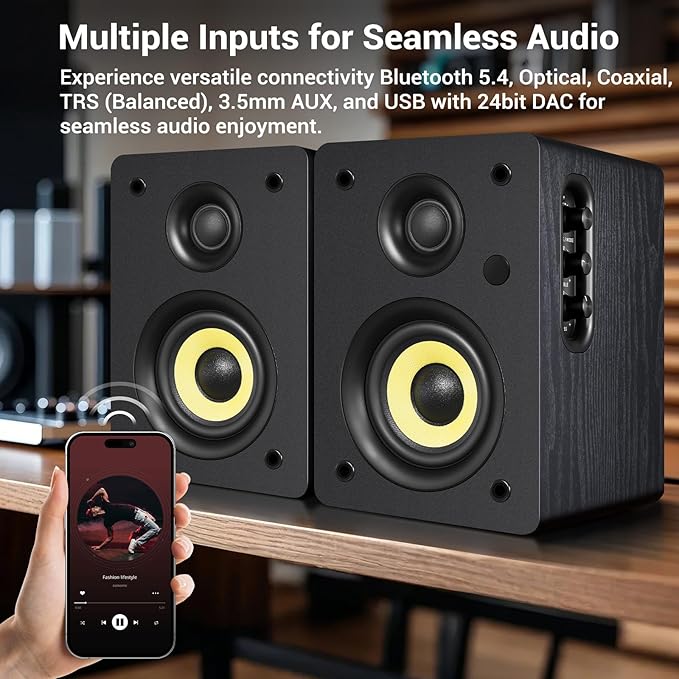 Sanyun SW206 4” HiFi Bookshelf Speakers with Studio Mode 80W Active Bluetooth 5.4/Optical/Coaxial/TRS/Aux/24bit DAC USB for Turntable TV PC Desktop MDF Cabinet Remote Control Black