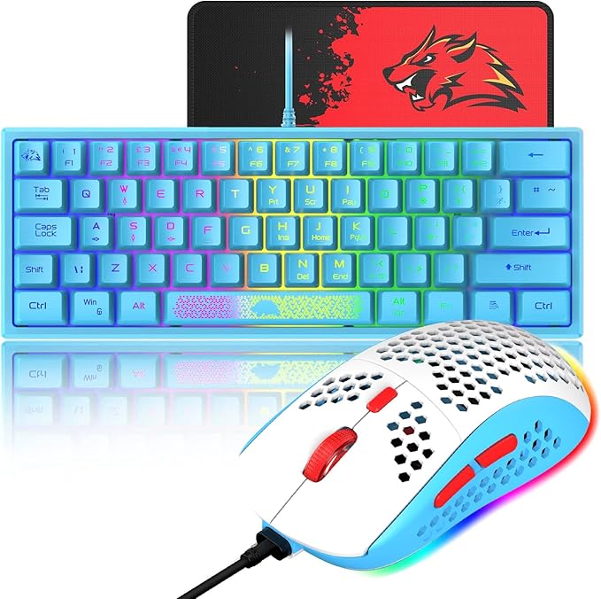 60% Gaming Keyboard and Mouse Combo Samll Mini RGB Backlight Mechanical Feeling and Honeycomb Optical Mouse Mouse pad for Gamers and Typists